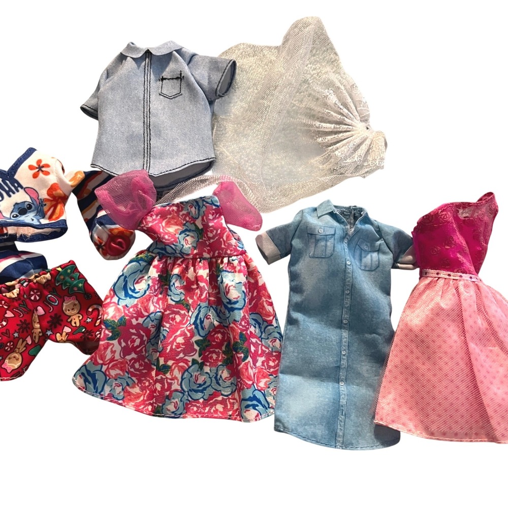 Mixed Barbie Doll Clothes Lot Floral Dress Denim Gown Stitch Top Shorts Veil